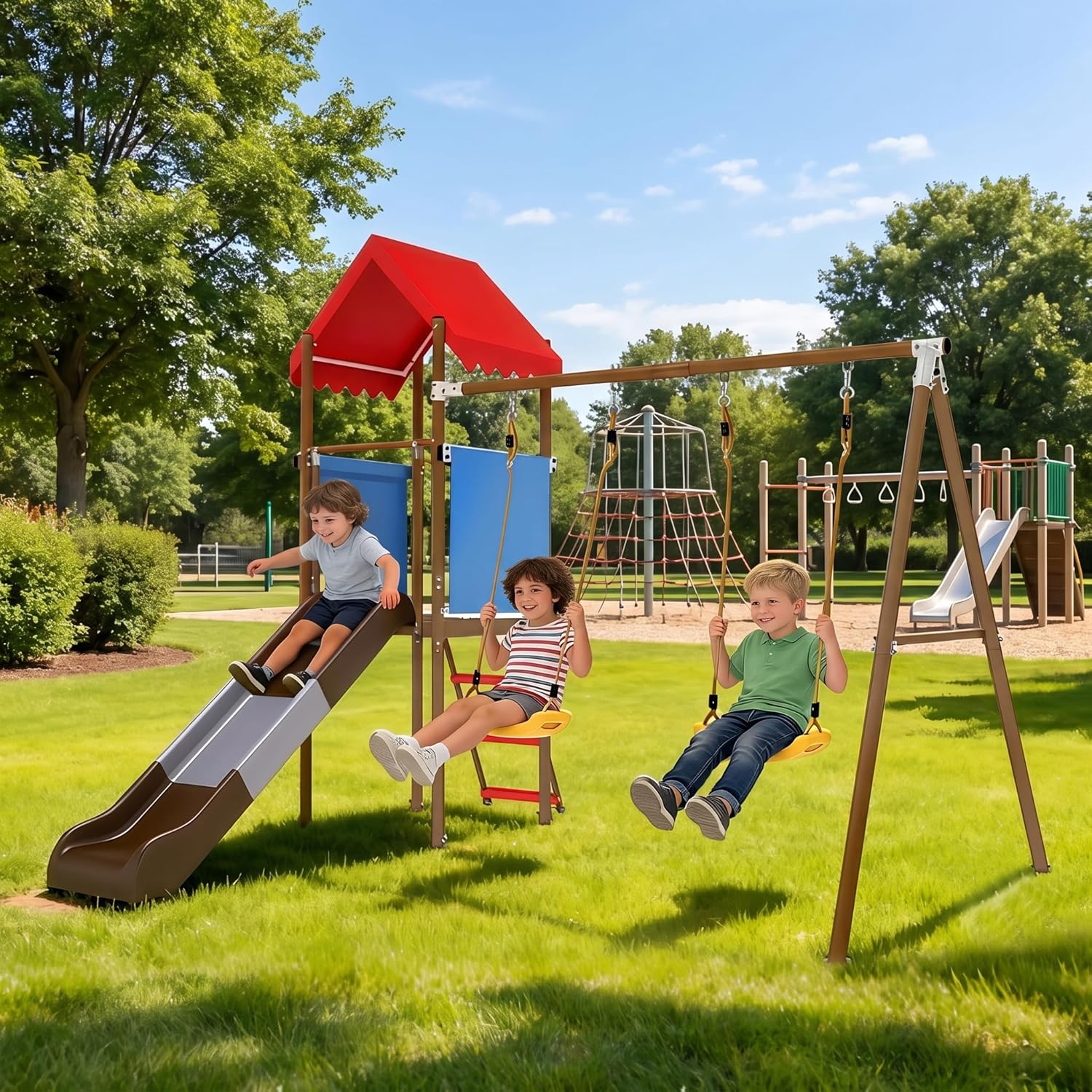 Metal Swing Set for Kids with  - Kids Outdoor Swing Set With Slide 评论和价格