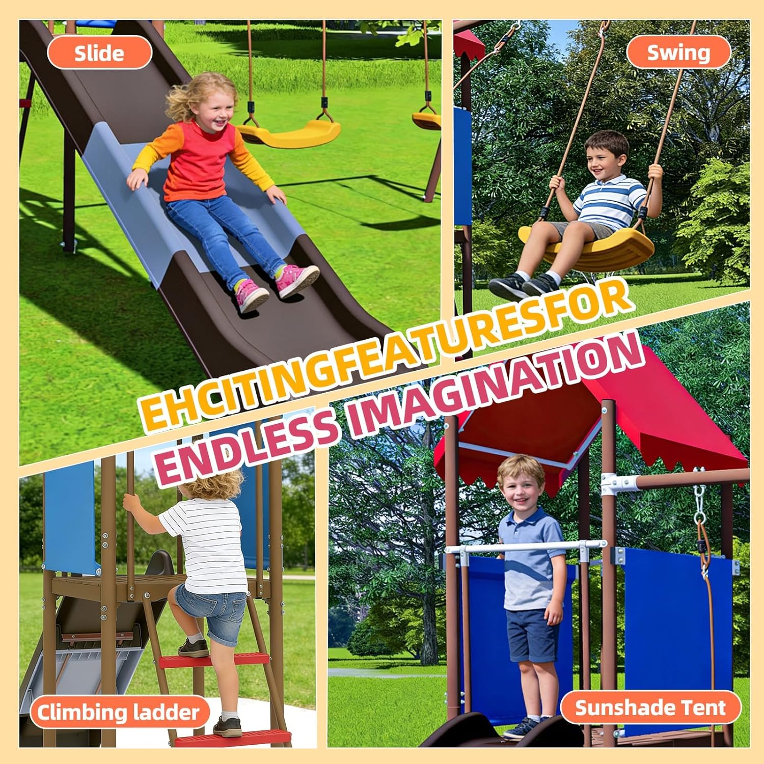 Metal Swing Set for Kids with  - Kids Outdoor Swing Set With Slide 评论和价格